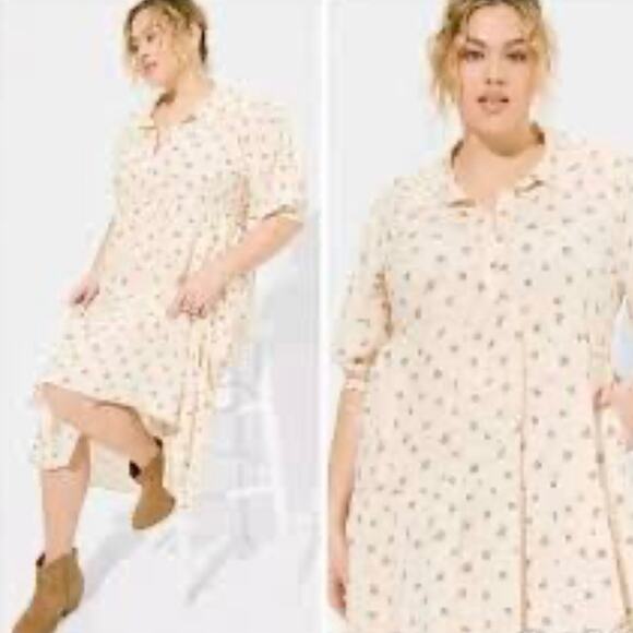 Torrid Plus Size 2X Maxi Washable Challis Hi-Low Tiered Shirtdress Ditsy floral - Picture 1 of 11